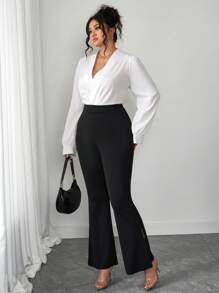 SHEIN Unity Plus Size Women 2pcs Set: Satin Long Sleeve Elastic Flare Pants, Work And Vacation Wear - Black and White - View 6
