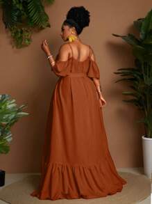 Maweii Plus Size Solid Color Ruffles Belted Casual Vacation Dress - Redwood - View 6