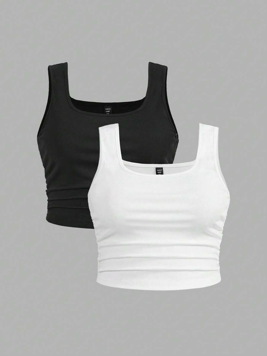 SHEIN EZwear 大码休闲简约背心，多件装女士背心上衣，运动背心，夏季运动背心，女士带垫上衣，女士背心上衣，赛车背心，女士基础款上衣，多件装上衣 - 黑與白 - 查看 1