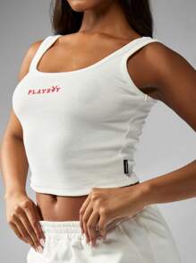 Missguided x Playboy Top de tirantes corto acanalado de algodón, ropa deportiva de verano estilo Y2K, ropa urbana, atlética, gimnasio, deporte, clásica, con logo básico, esencial, sin mangas, ajustado, para mujer