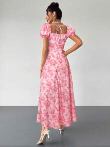 Firerie Women's New Blue And White Flowers Sexy Square Collar Puff Sleeve Floral Print Front Tie Dress,Bohemian Dress,Suitable For Valentine's Day, Concert, Performance, Date, Party, Gala, Wedding Season, Sexy, Elegant, Commute, Back To School, Vacation, Beach, Romantic Summer Dresses For Women - Pink - View 2