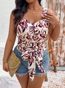 SHEIN Clasi Conjunto de top con tirantes y top tipo tank con cuello en V floral y dobladillo con moño para mujer de talla grande - Multicolor - Ver 1