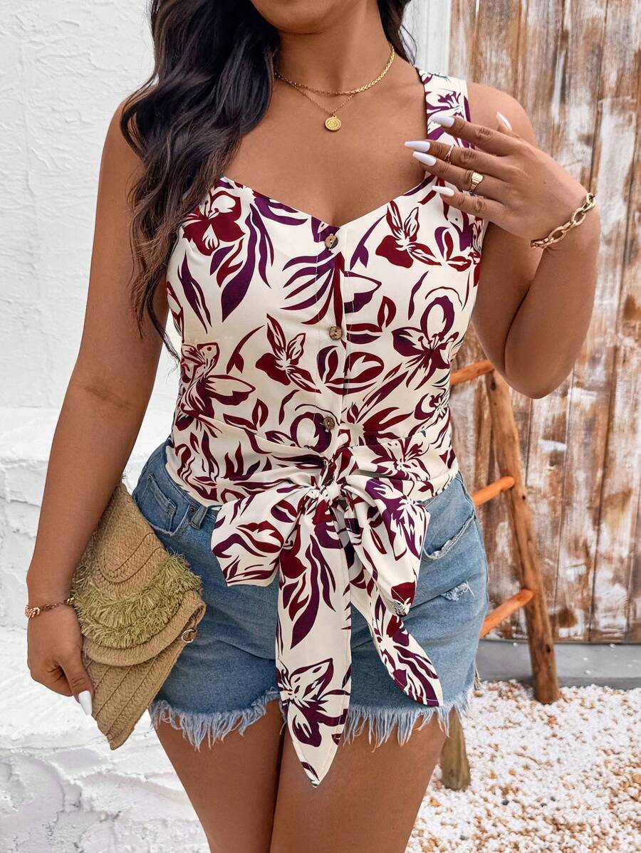 SHEIN Clasi Conjunto de top con tirantes y top tipo tank con cuello en V floral y dobladillo con moño para mujer de talla grande - Multicolor - Ver 1