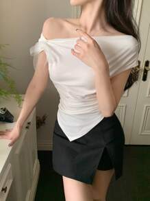 DAZY 女式优雅圆领纯色短袖 T 恤，夏季，露肩上衣