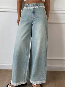 Livesso Jeans casual a gamba dritta in stile patchwork di pizzo per donne
