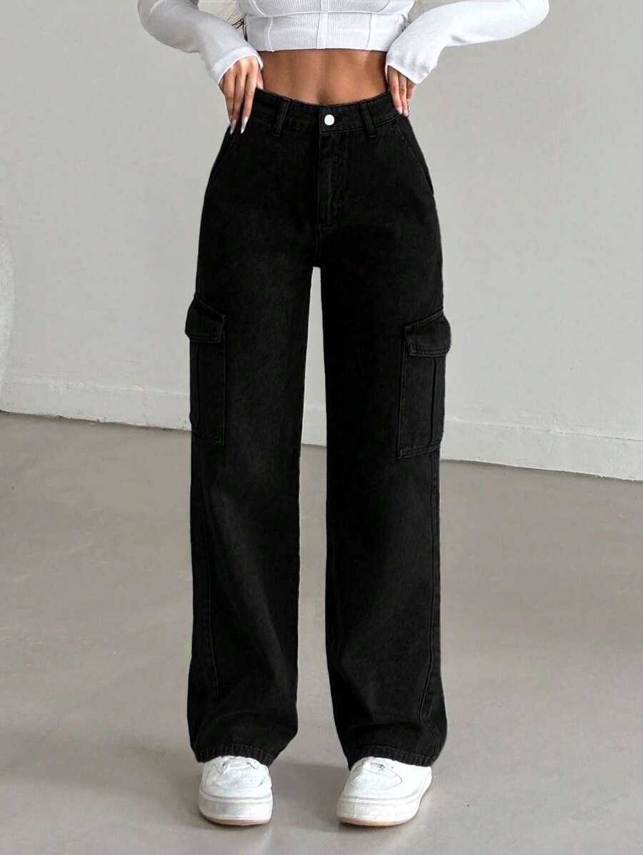 RueChic 100%Cotton Jeans With Side Flap Pockets - Black - View 1