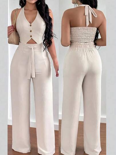 Silhoulove 2pcs Set Women Casual Holiday Tied Neck Halter Top & Wide Leg Pants