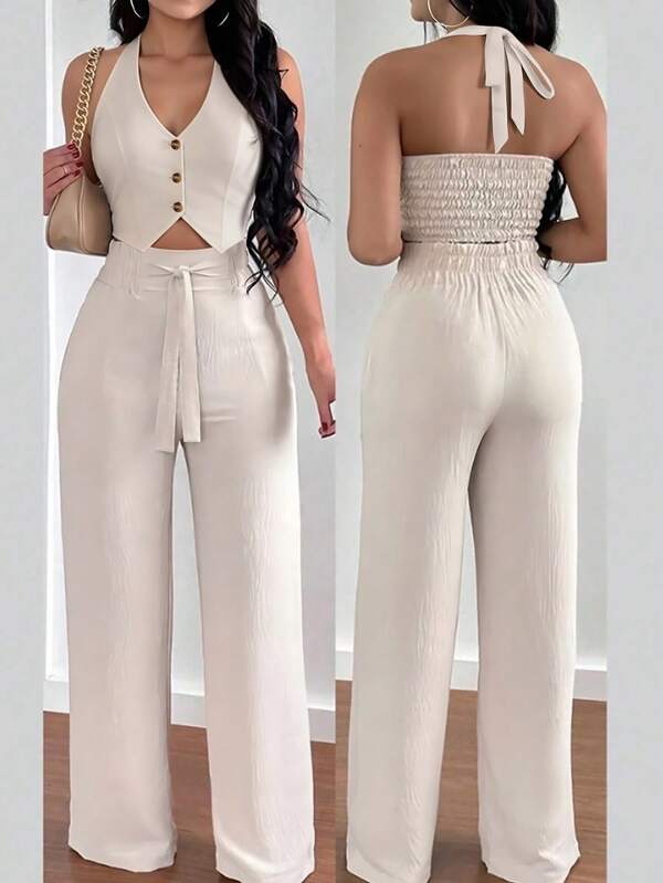 INAWLY Set de 2 piezas para mujer, top halter con cuello anudado y pantalones de pierna ancha para vacaciones casual