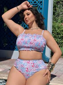 Swim Mod Plus Size 2 Pieces Tropical Floral Random Print Camisole Top And High Waist Briefs Bikini Set Set, Elegant And Sexy Ladies Beach Bikini For Summer - Multicolor - View 1