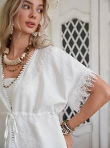 LanaWest Damen Boho Besticktes Blumenspitze Patchwork Vorderschleife Bluse - Weiss - Übersicht 3