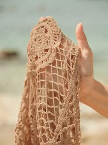 Anewsta 女士假日优雅海滨不对称下摆镂空透视 A 字长裙罩衫，适合春季、夏季、节日、毕业典礼 - 杏色 - 查看 8