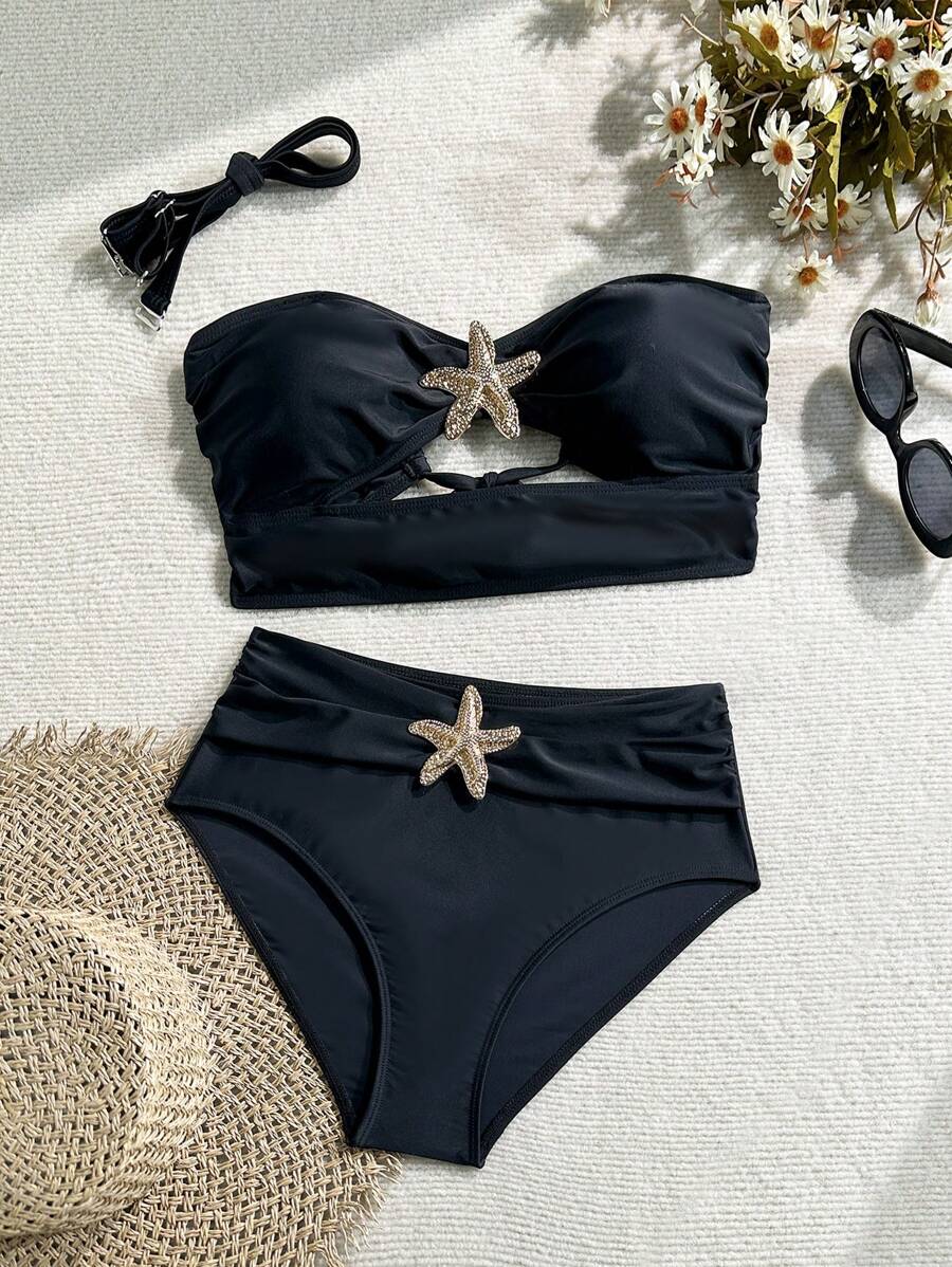 Swim Chiccia 2 件女士性感纯色连体加大码修身泳衣,适合水疗中心、度假村 - 黑色 - 查看 1