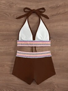 Swim Vcay 2 件套全新棕色系带露肩背心和短裤，度假休闲海滩派对假日比基尼泳装套装，女士 - 棕色 - 查看 2