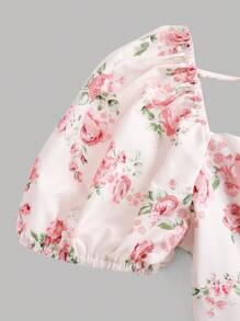 Girlism Váy chữ A xếp ly thêu hoa màu hồng cho bé gái tuổi teen có tay áo đèn lồng buộc sau lưng, váy liền thân đi nghỉ thường ngày - Hồng - Xem 4