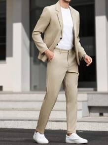 Manfinity Mode Plus Size Men Business Suit Set - Long Sleeve Blazer And Pocket Formal Trousers