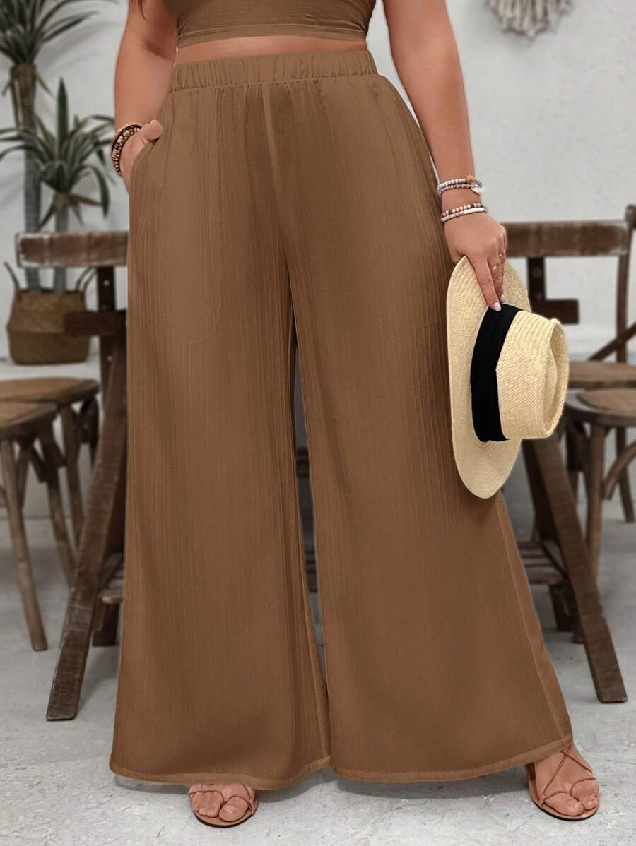 SHEIN VCAY Quần ống rộng màu trắng họa tiết thường ngày cỡ lớn có túi, thích hợp cho kỳ nghỉ ở khu nghỉ dưỡng/bãi biển, ngày lễ tình nhân - màu nâu - Xem 1