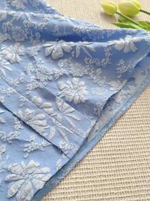 SHEIN LUNE 蓝色优雅开领提花泡泡袖上衣衬衫，夏季欧洲复古风趣味衬衫可爱夏季上衣优雅休闲 - 藍色 - 查看 3
