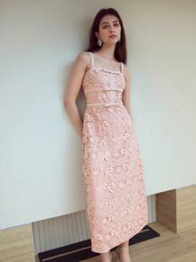 MOTF STUDIO 蕾丝蝴蝶结细节吊带连衣裙 - 粉色 - 查看 6