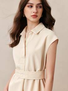 BizChic 2025 奶油黄色前领开口可调节腰带设计斜口袋女式衬衫裙，浪漫优雅日常时尚百搭商务休闲办公室通勤复古风格女士办公室装女士休闲连衣裙 - 杏色 - 查看 4