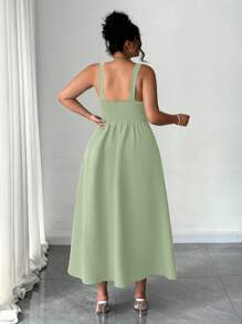 Elenzga 大码女式纯色纹理面料 V 领无袖摆裙，假日休闲优雅春夏新品 - 綠色 - 查看 2