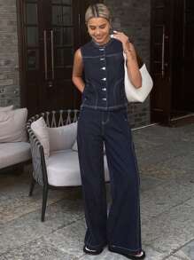 Livesso Women's Single-Breasted Vest And Fringe-Trimmed Waist Jeans Set - Blue - View 3