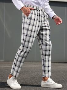Manfinity Homme Plus Size Men's Plaid Print Drawstring Waist Pockets Casual Pants - White - View 5