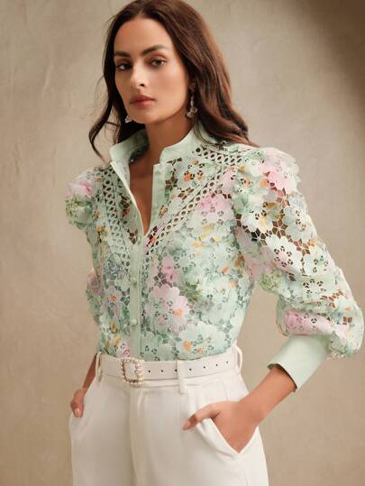 Anewsta Blusa elegante con cuello alto, estampado floral de encaje hidrosoluble, manga larga con corte hueco, volantes en el bajo, combinación de encaje, para primavera/verano, festivales, graduación