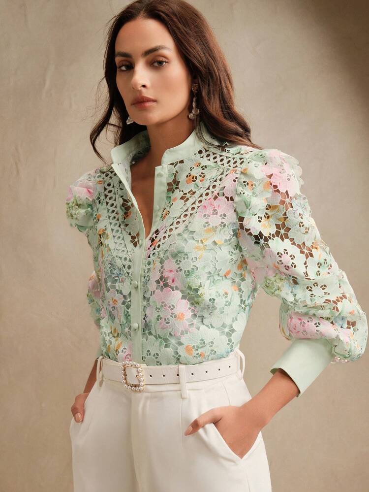 Elegant Vacation Floral Lace Print Long Sleeve Hollow Lace Ruffle Hem Blouse, Suitable For Spring/Summer, Festival, Graduation, Classy, Elegant, Beach, Festival, Holiday, Vacation, Valentine's Day