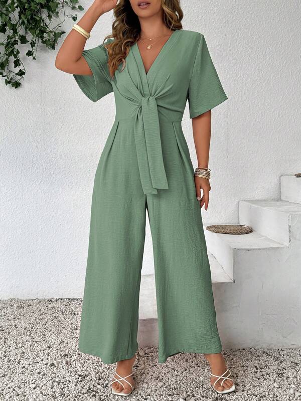 Celure Große Größen Jumpsuit in einfarbigem, modischem, Lässig, vintage Look mit V-Ausschnitt und verknotet Taille