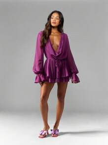 MISSGUIDED Vestido mini envolvente de chifón de manga larga con escote profundo, para fiesta, cóctel, con volantes, capas, lazo en el hombro, para ocasiones especiales