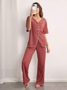 SHEIN 女士休闲撞色领口和下摆开襟衬衫和短裤睡衣套装，简约 - 乾枯玫瑰色 - 查看 3