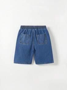 SHEIN Denimly Little Boy Cool Street Sports Wind Washed Blue Drawstring Elastic Waist Denim Shorts - Dark Wash - View 4