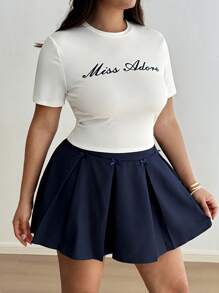 Flirla 2 pièces/Set T-shirt col ras-du-cou ajusté avec impression de lettre + Jupe plissée douce - Multicolore - Voir 7