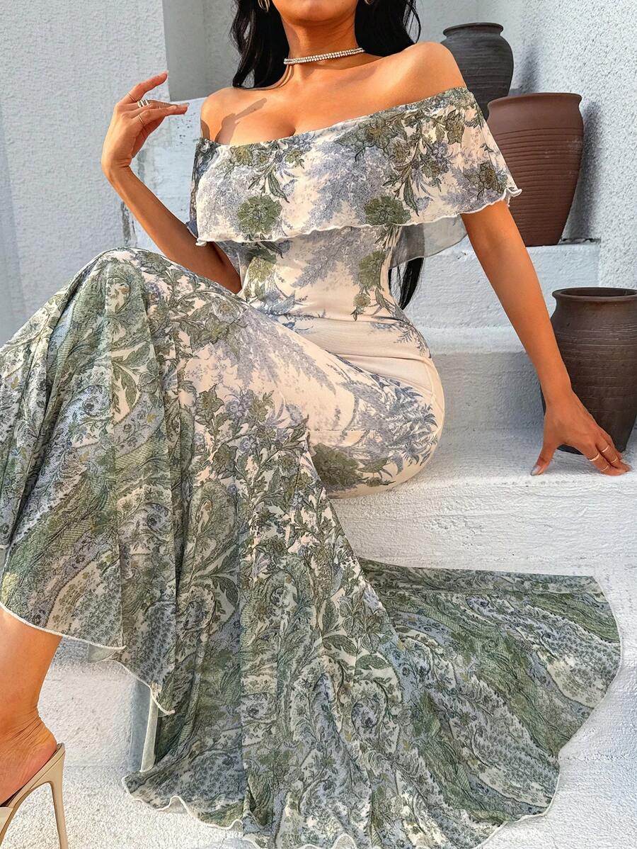 DAZY Abito aderente in raso con spalle scoperte a sirena, outfit da vacanza per donna - Verde - Visualizzare 1