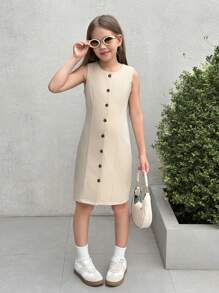 SHEIN Leap Crew Nova Glow Tween Girls Urban Commuter Style Crew Neck Sleeveless Front Button Waisted Dress - Beige - View 4