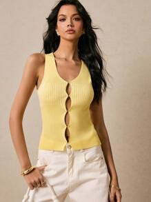 Poéselle Maglietta casual a tinta unita senza maniche e monopetto in maglia da donna