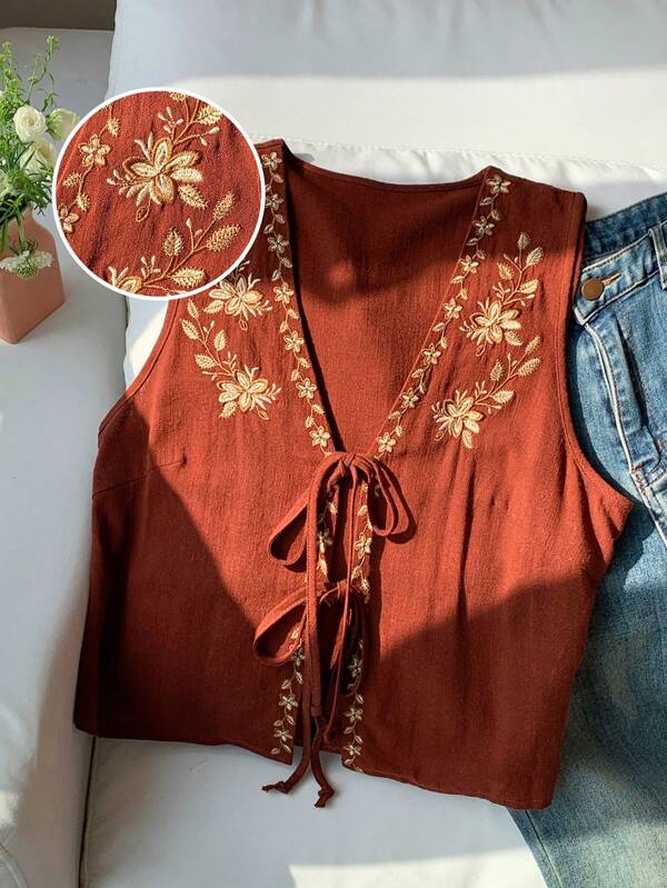 Comfortcana Women's Summer Boho Floral Embroidery Front Tie Sleeveless Blouse,Western Wear Women,Vacation Outfits Woman