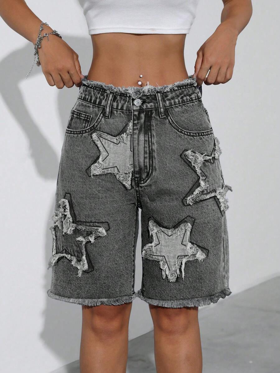 SHEIN ICON Women's Pockets & Distressed Embroidery Washed Denim Capri Pants - Light Grey - View 1