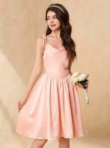SHEIN Teen Girl Elegant Satin Wedding Flower Girl Dresses, Sleeveless Backless Tulle Ball Gown, Wedding Season, Pink - Baby Pink - View 4