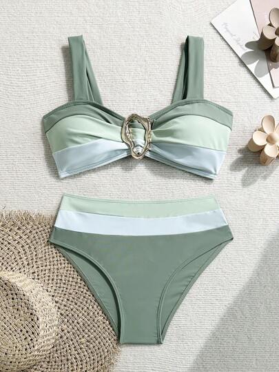 Swim Lushoire Conjunto de bikini de talle alto con bloqueo de colores y diseño sexy y estilizado