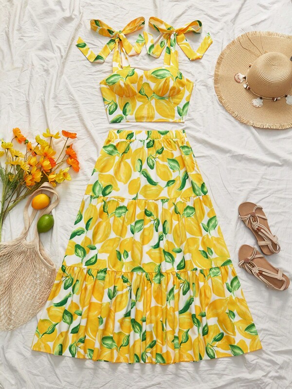 KARISMINA 2pcs Women Set - Sleeveless Printed Cropped Camisole & High Waist Loose Skirt Island Vacation Outfits,Beach Outfits For Woman ,European Summer