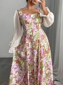 Modelyn Plus Size Woven Multi-Color Print Long Sleeve Cinched Waist A-Line Dress - Purple - View 5