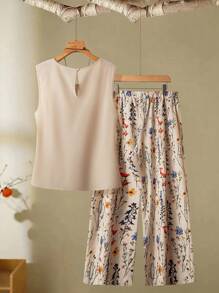 Linhara Outfit casuale da vacanza, taglia grande, top in tessuto con collo rotondo, stampa floreale ditsy su sfondo tinta unita, adatto per spiaggia e tempo soleggiato, set da 2 pezzi