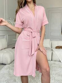 SHEIN Women Casual Solid Color Knitted Ice Silk Rib Loungewear Robe