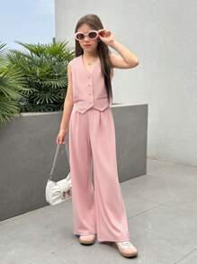 SHEIN Nova Glow Tween 女童休闲街头风格梭织无袖纯色短款上衣和直筒裤套装 - 淺粉色 - 查看 5