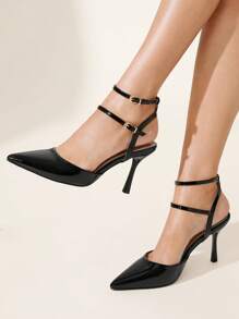 CUCCOO CHICEST Women's Pointed Toe Ankle Strap High Heel Pumps, Elegant Commute Fashion Glossy Patent Leather Ladies Black Heels, Versatile For Dates, Office Outfits, Sophisticated Style Essentials - Black - View 1