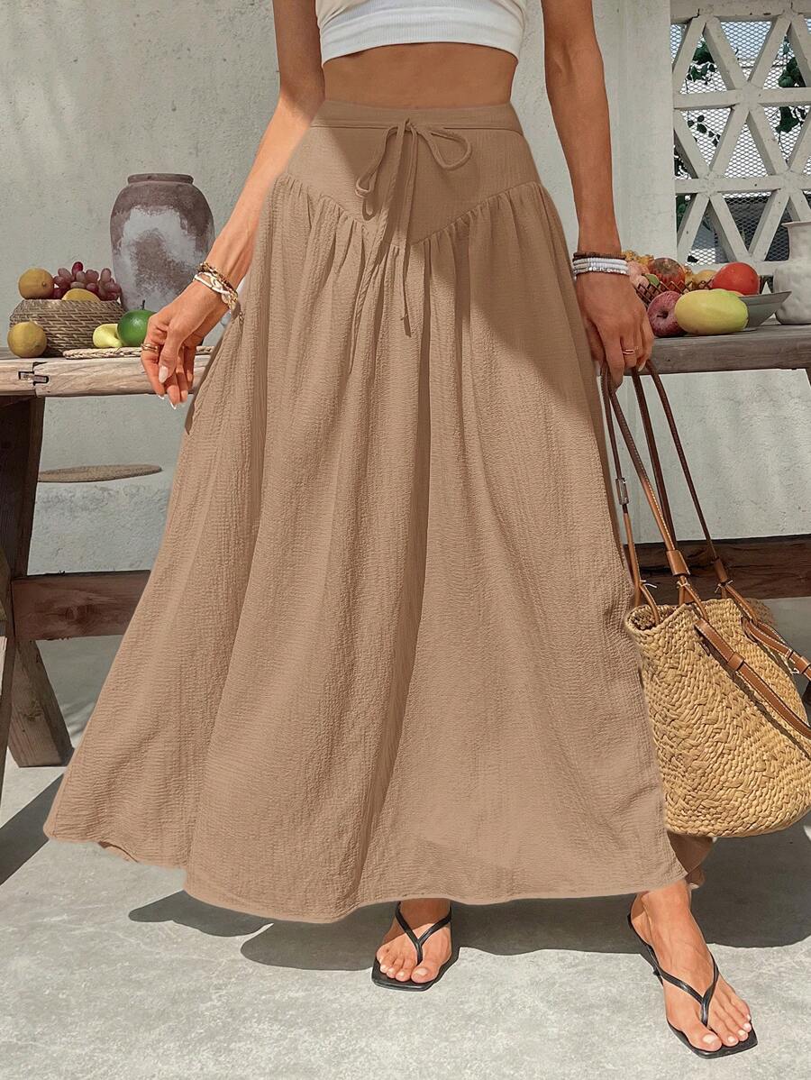 SHEIN VCAY Solid Color Woven Women Tie Waist Casual A-Line Skirt - Khaki - View 1