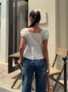 Serisse 女士纯色撞色蕾丝娃娃装上衣、夏季T恤、母亲节、方领上衣 - 杏色 - 查看 2