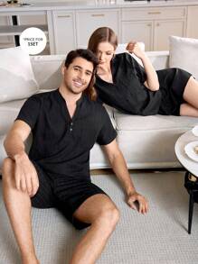 Men's Solid Color Short Sleeve Top And Shorts Pajama Set, Fashionable For Summer, Boyfriend Gifts - Black - View 1