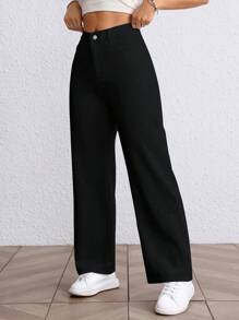 SHEIN Pantalones vaqueros rectos de cintura alta de unicolor versátiles - Negro - Ver 3